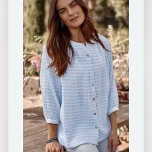 J.Jill Cotton Gauze Striped Button Front Blouse